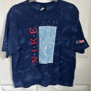 NIKE RWD Air Topo Map blue acid wash boxy crop short sleeve tee size Medium